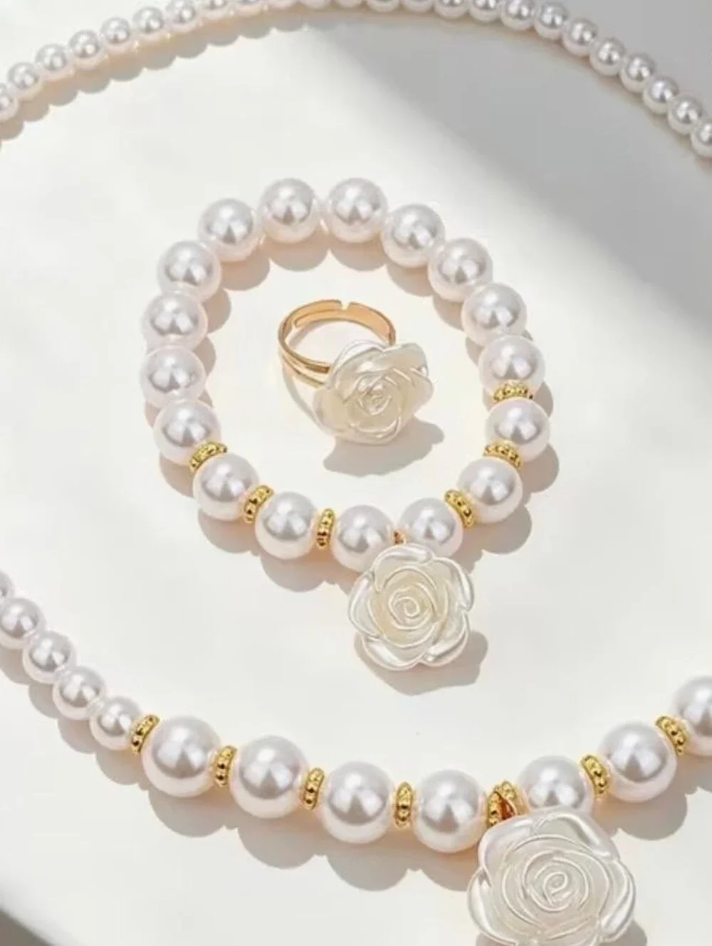 Pearl Rose Pendant Necklace & Bracelet Set with Ring - White Pearlescent
